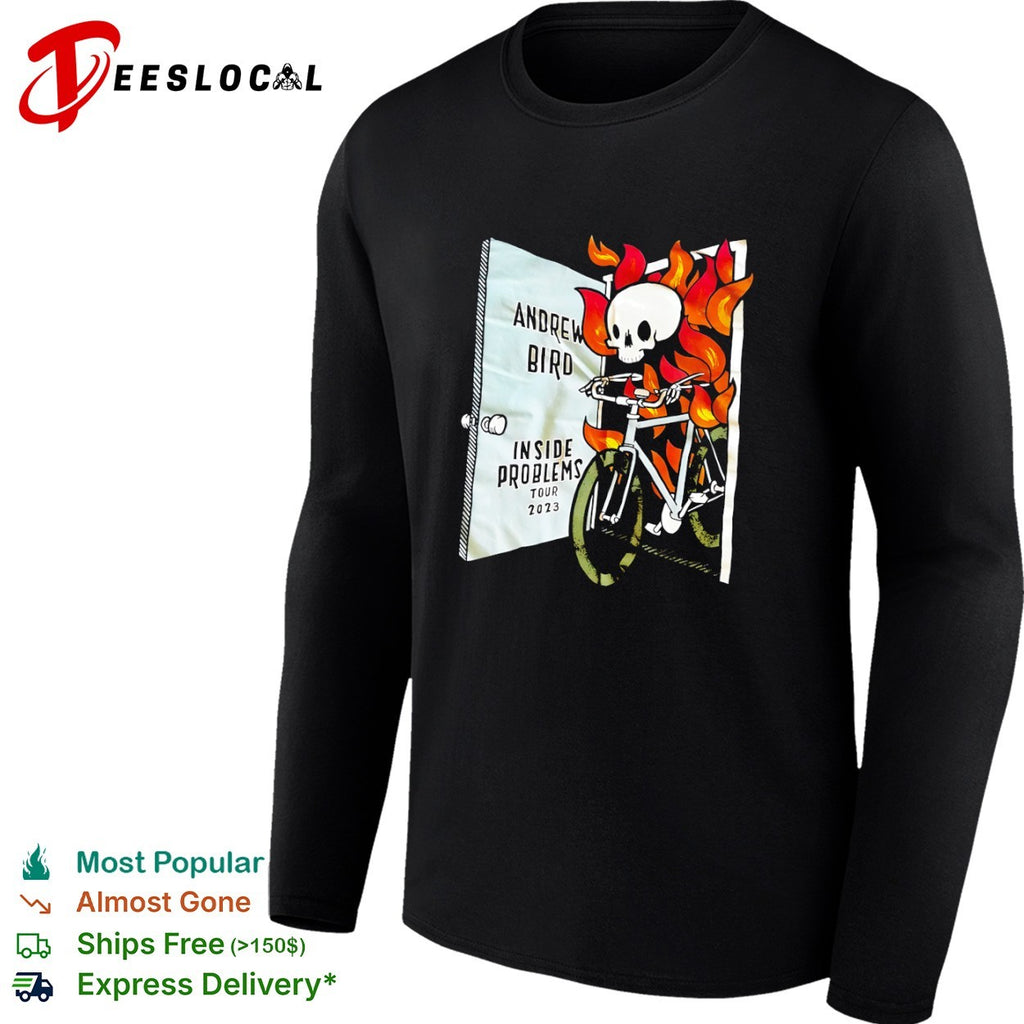 Andrew Bird Inside Problems Tour 2023 skeleton riding bicycle in flames shirt