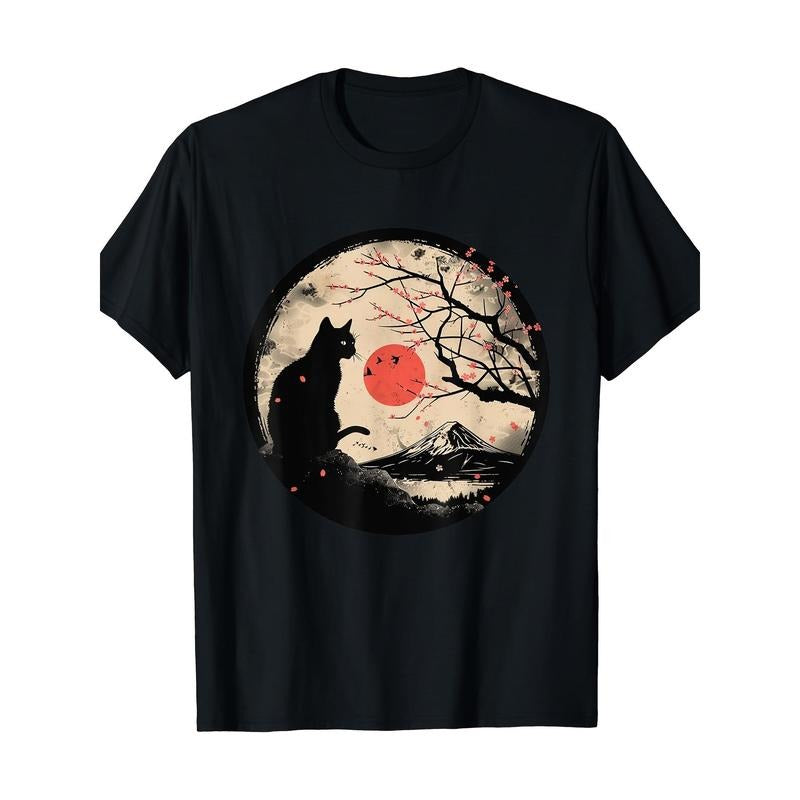 Anime Japanese Retro Cat, Cotton T-shirt, Niche Print Design, High-quality Breathable Material, Soft Skin and Sweat...