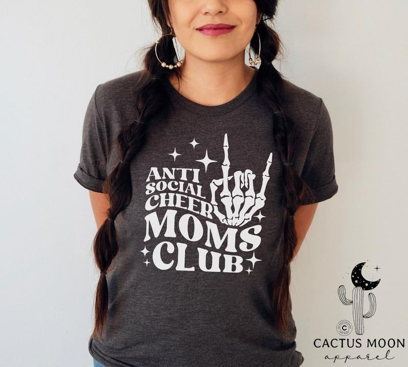 Anti Social Cheer Moms Club Shirt Short Sleeve V-neck Long Sleeve T-shirt Or Sweatshirt Rad Skeleton Hand Cheerleader...