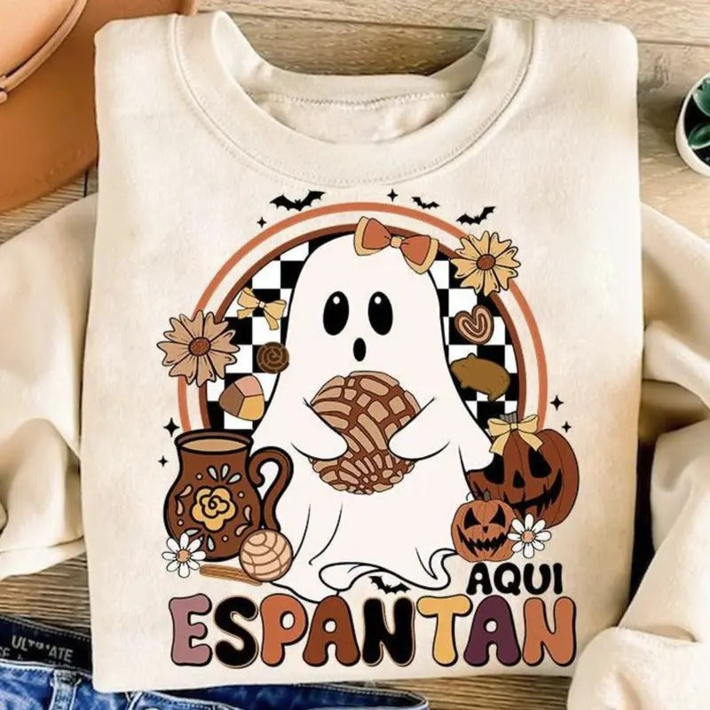 Aqui Espantan Mexican Halloween Conquette Boo Boo Ghost T-shirt Sweatshirt, Spanish Halloween Conchas Ghost T-shirt,...