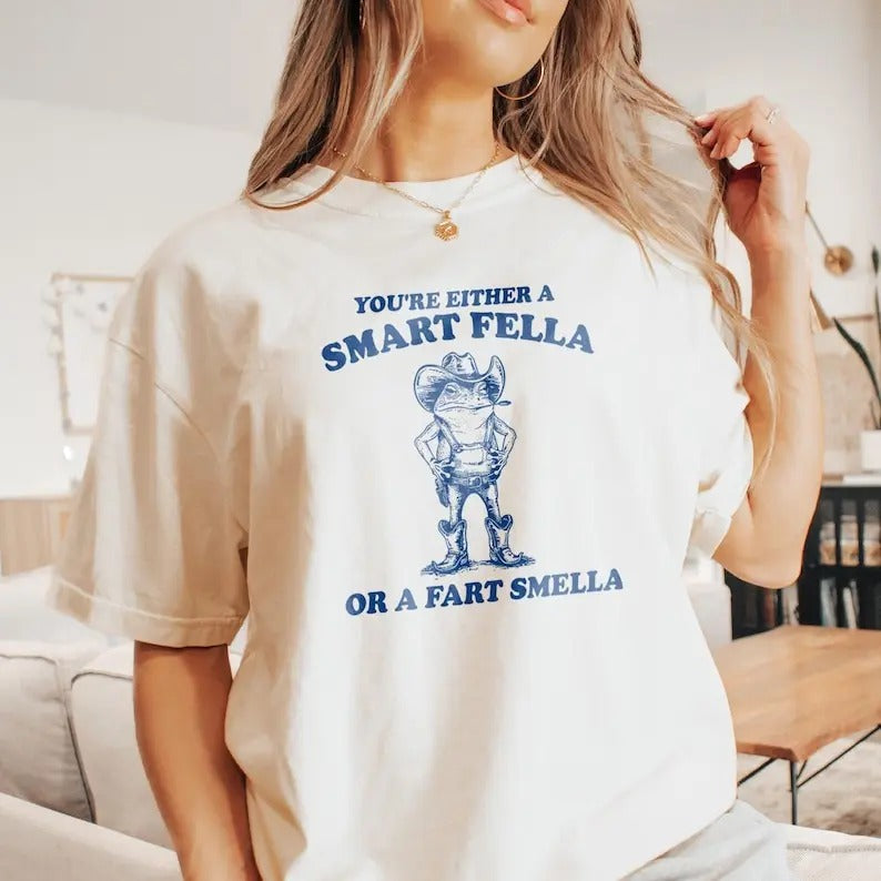 Are You A Smart Fella Or Fart Smella? Retro Cartoon Tshirt, Weird Shirt, Meme T-Shirt, Panda TShirt, Unisex, Funny Frog...