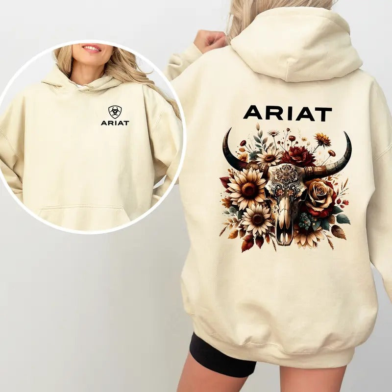 Ariat Floral Bull Skull Hoodie, Iconic Ariat Logo Shirt, Stylish Western-Inspired Graphic Tee Sweatshirt | PrintMintTees.com