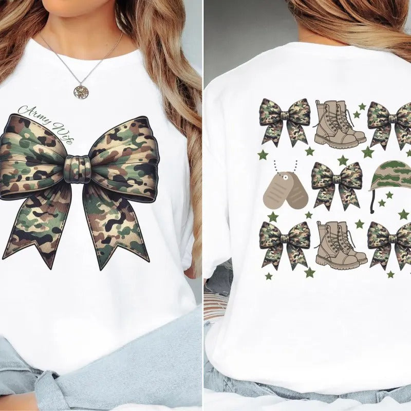 Army Wife Camo Coquette Bow 2 Sided Shirt, Army Spouse, Millitary Wife Shirt, Army Wife Bow Shirt Hoodie Sweatshirt