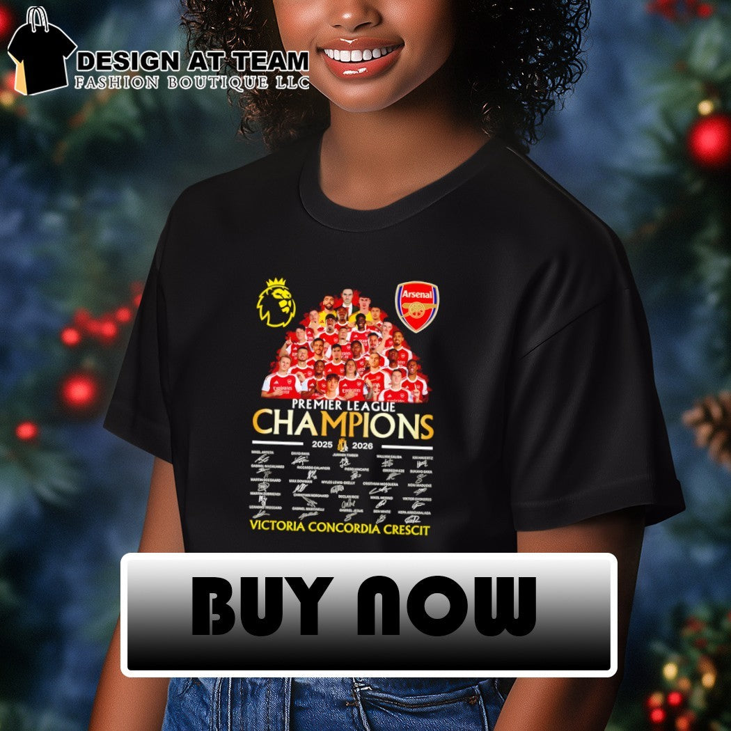 Arsenal FC 2025-2026 Premier League Champions Victoria Concordia Crescit signatures shirt