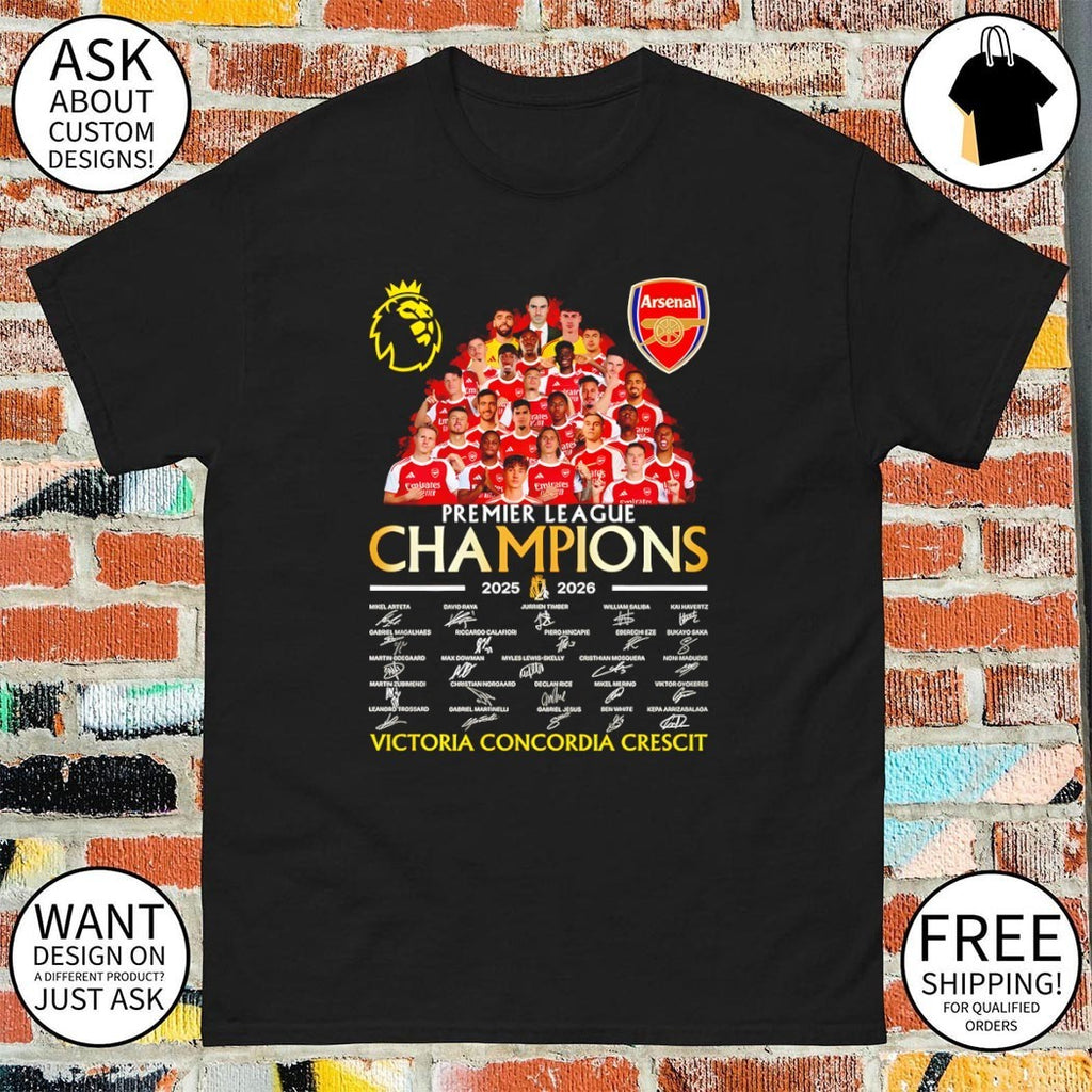 Arsenal FC 2025-2026 Premier League Champions Victoria Concordia Crescit signatures shirt