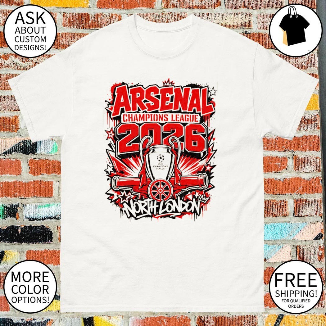 Arsenal UEFA Champions League Winners 2026 Bold Grunge Gunners Trophy Celebration shirt
