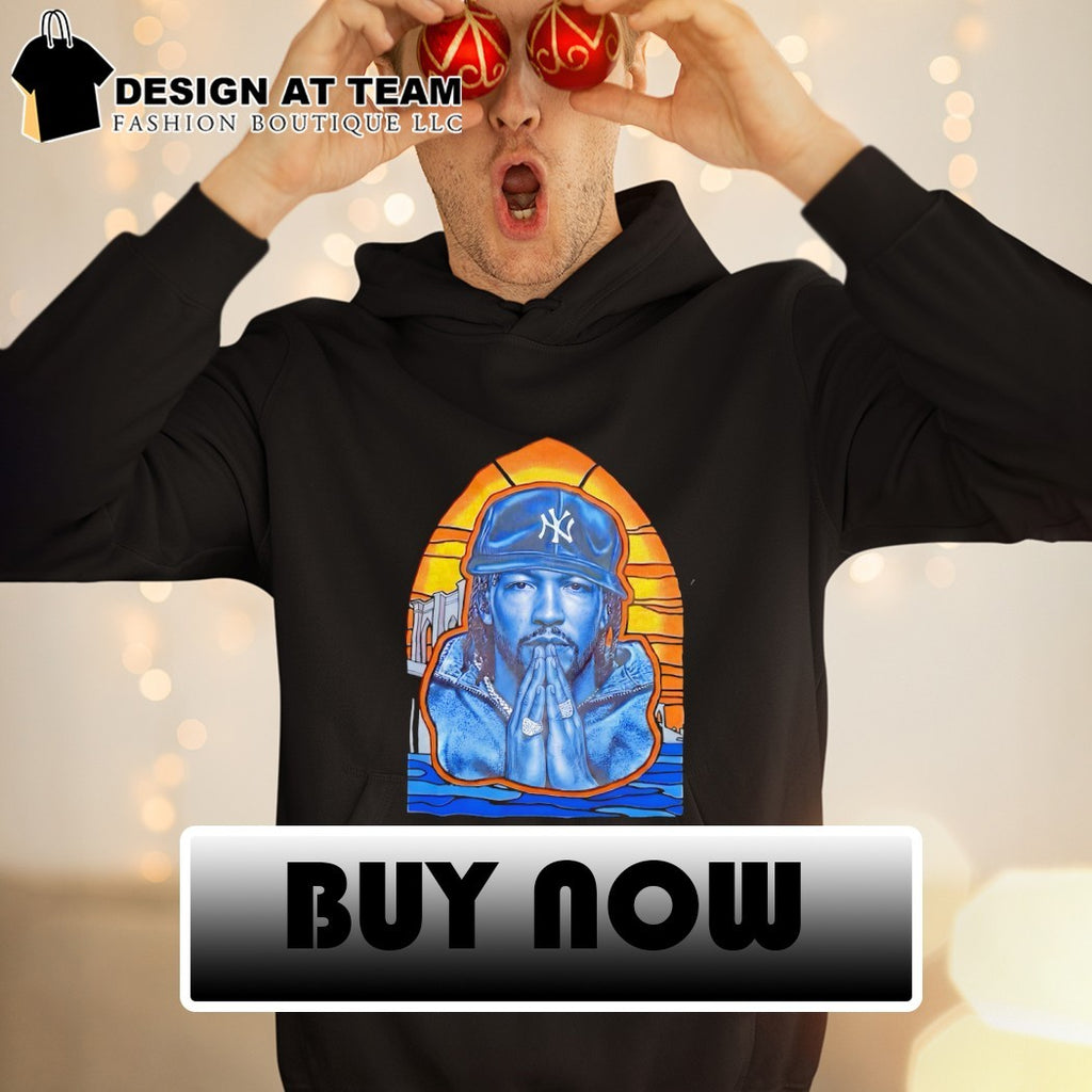 Artist Portrait Brooklyn Bridge New York Yankees Logo praying hands blue t shirt
