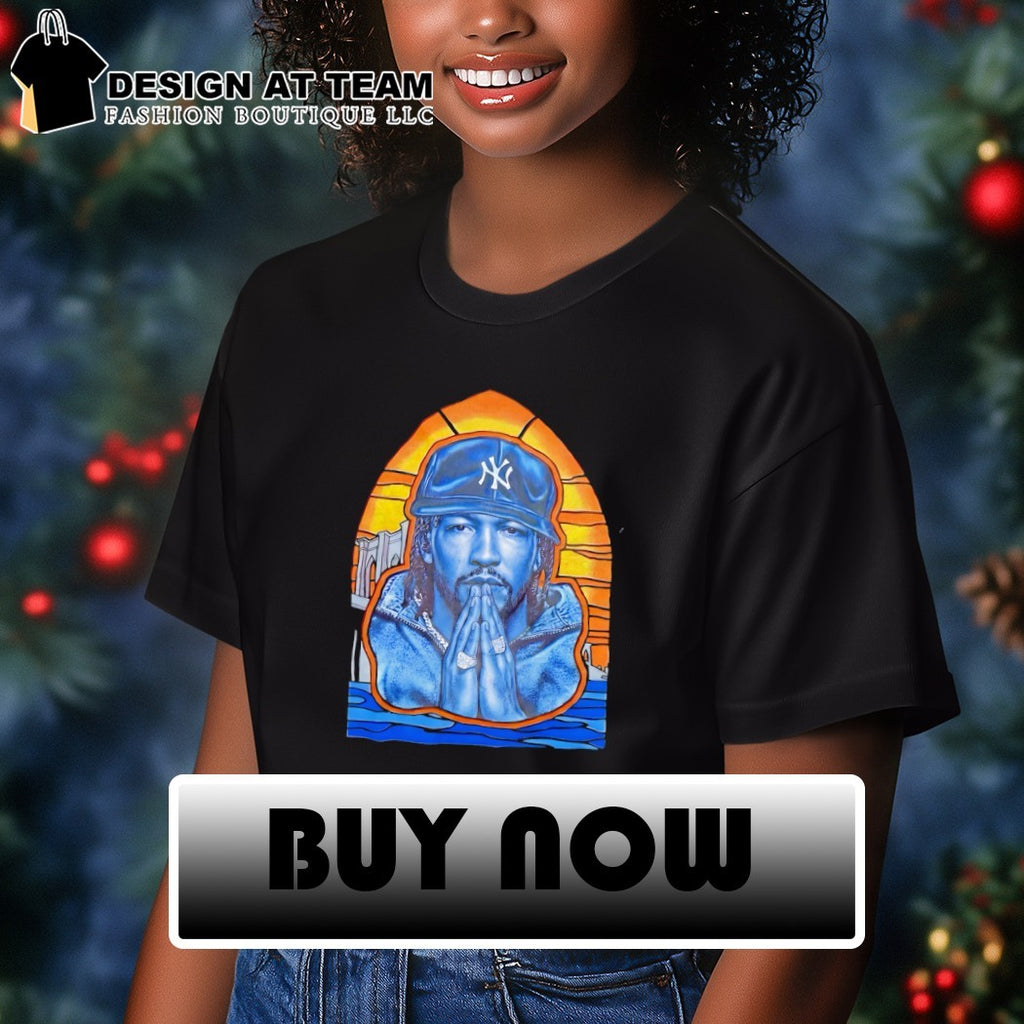 Artist Portrait Brooklyn Bridge New York Yankees Logo praying hands blue t shirt