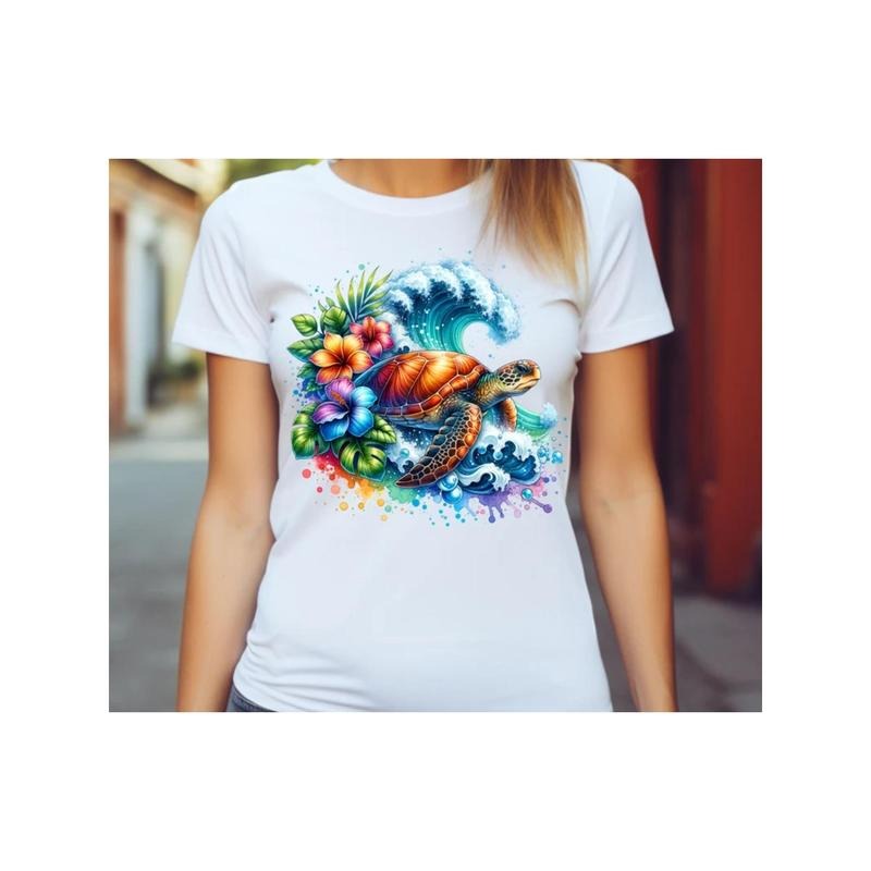 Artistic T - Shirt Featuring a Sea Turtle Embellished with Tropical Blooms and Abstract Ocean Wave Splashes style 02...