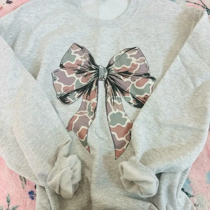 Ash Gray Camo Bow Sweatshirt Shirt Hoodie | PrintMintTees.com