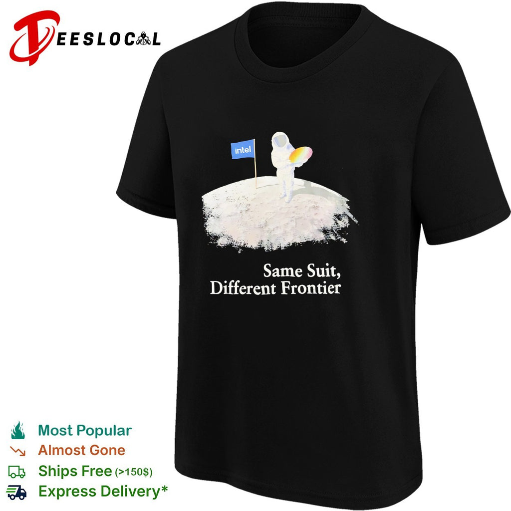Astronaut planting Intel flag same suit different frontier shirt