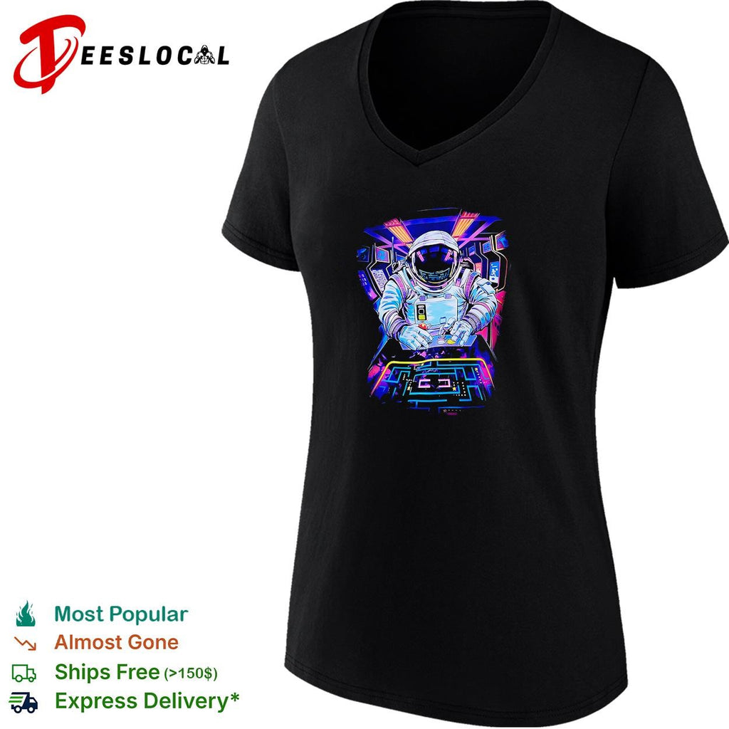 Astronaut playing arcade game neon shirt