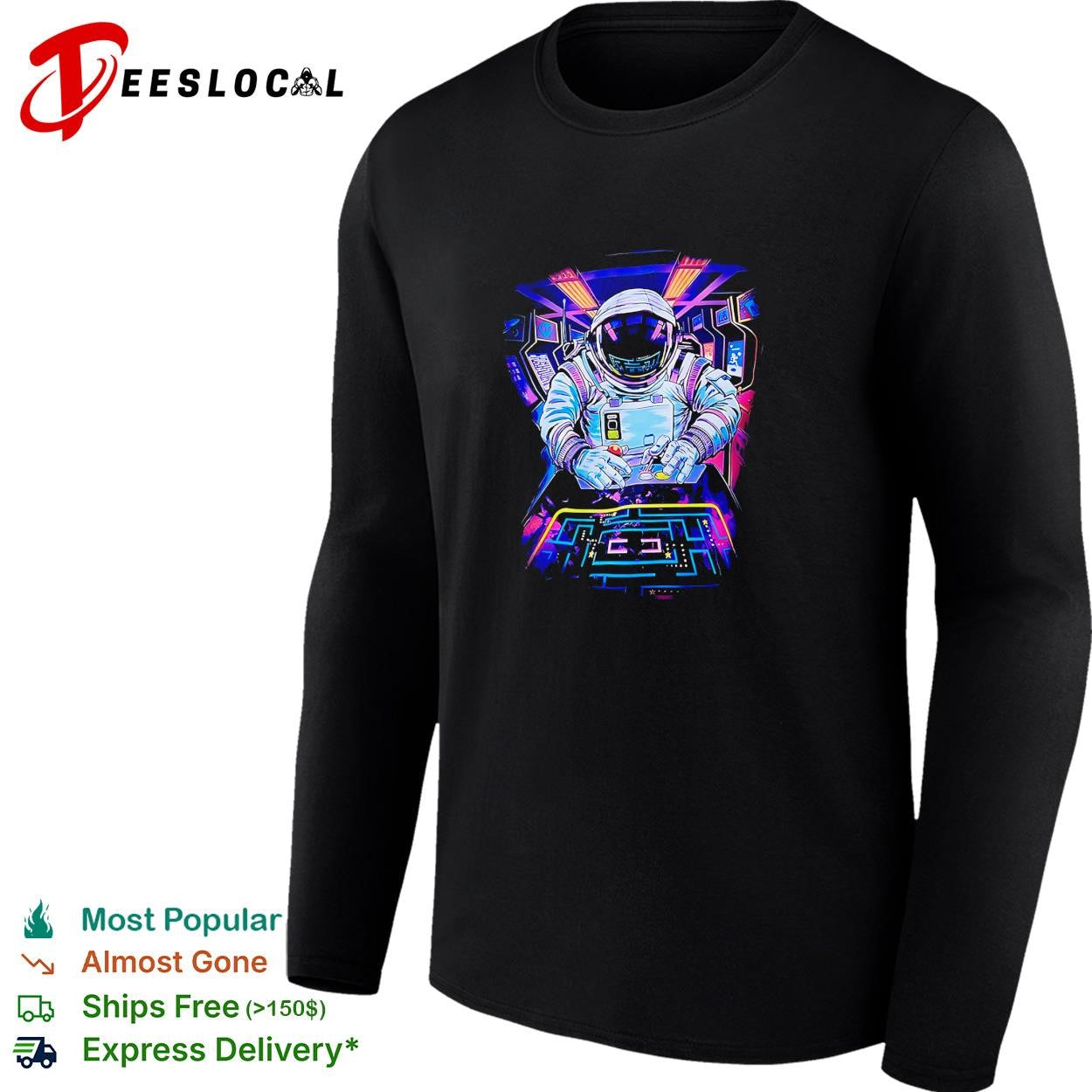 Astronaut playing arcade game neon shirt