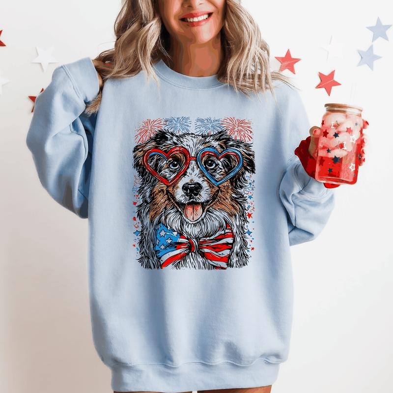 Australian Shepherd Patriotic Dog USA America Pet Lover 4th July Crew Neck T-Shirts, Hoodie, Sweatshirt