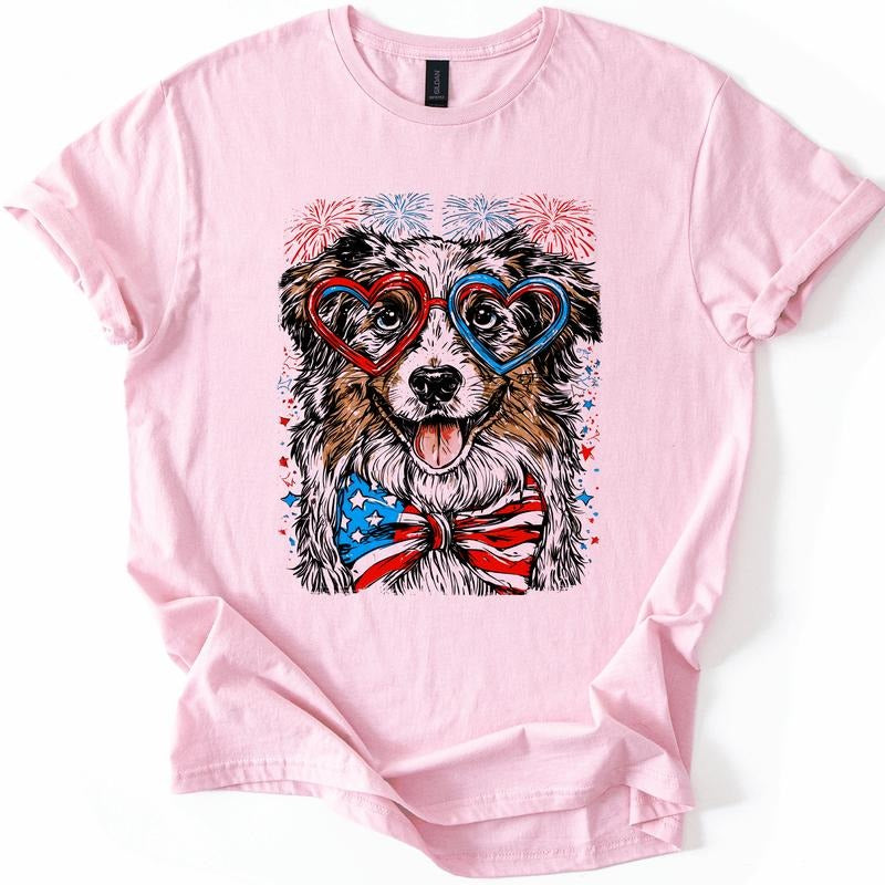 Australian Shepherd Patriotic Dog, USA, America, Pet Lover, 4th of July, Soft Style T-Shirt, Soft Style Tee, Women's...