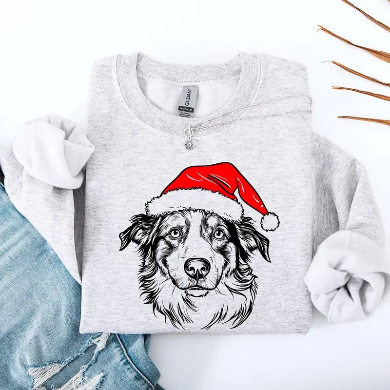 Australian Shepherd, Santa, Dog, Christmas, Dog Lover, Pet Sweatshirt, Crew Neck, Women's, Crewneck Shirt Hoodie