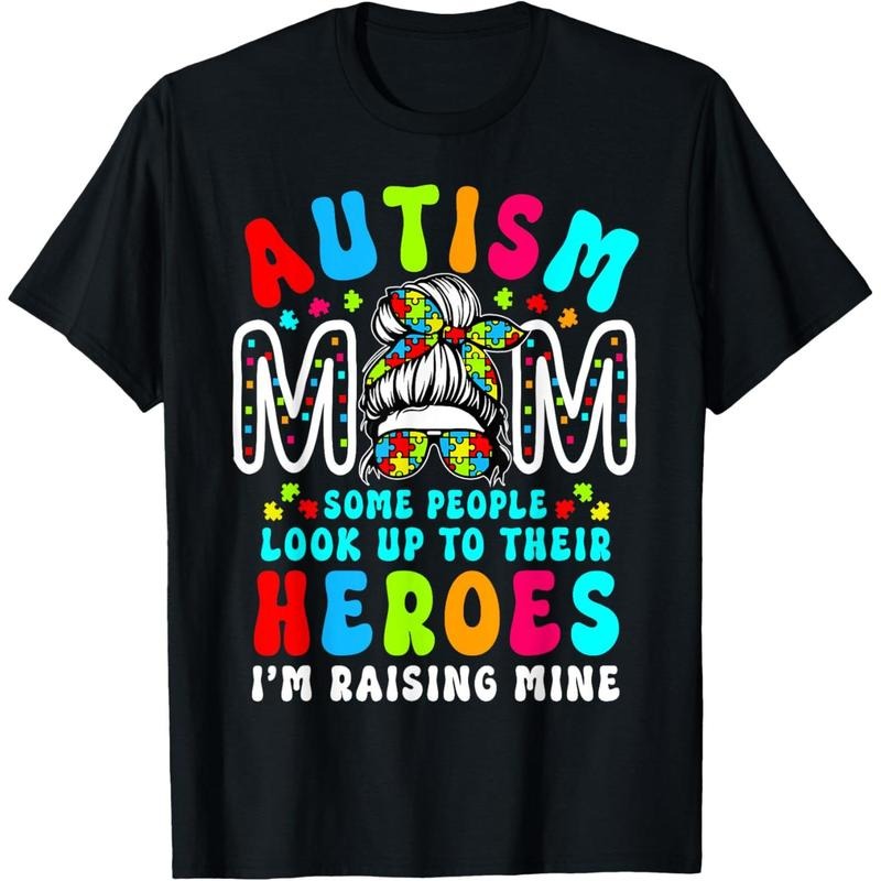 Autism Mom Raising Hero Groovy Messy Bun Autism Awareness T-Shirt Hoodie Sweatshirt | PrintMintTees.com