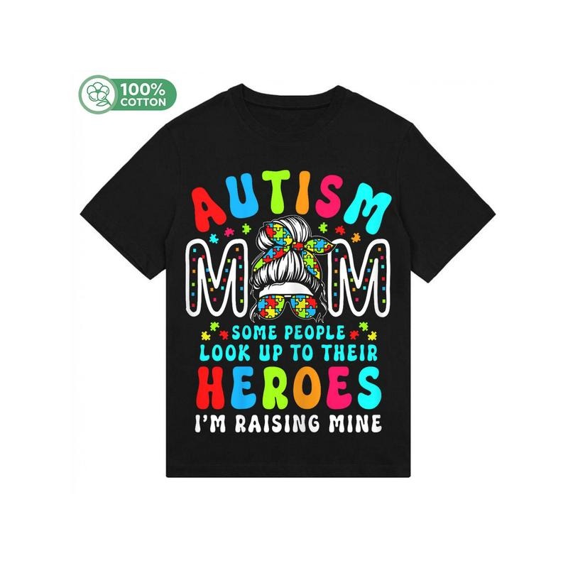 Autism Mom Raising Hero Groovy Messy Bun Autism Awareness T-Shirt, 180g Hoodie Sweatshirt | PrintMintTees.com