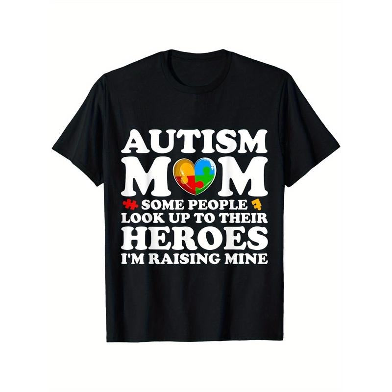 Autism Mom Raising Hero Groovy Messy Bun Tee T-Shirt, 100% Cotton, Summer Casual Short Sleeve Tee, Super Soft,...