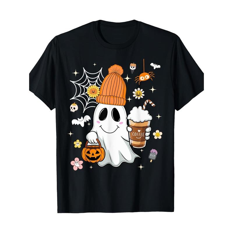 Autumn Man Woman Cute ghost drinking coffee spooky Halloween 100% Cotton T-shirt Made in USA Hoodie Sweatshirt