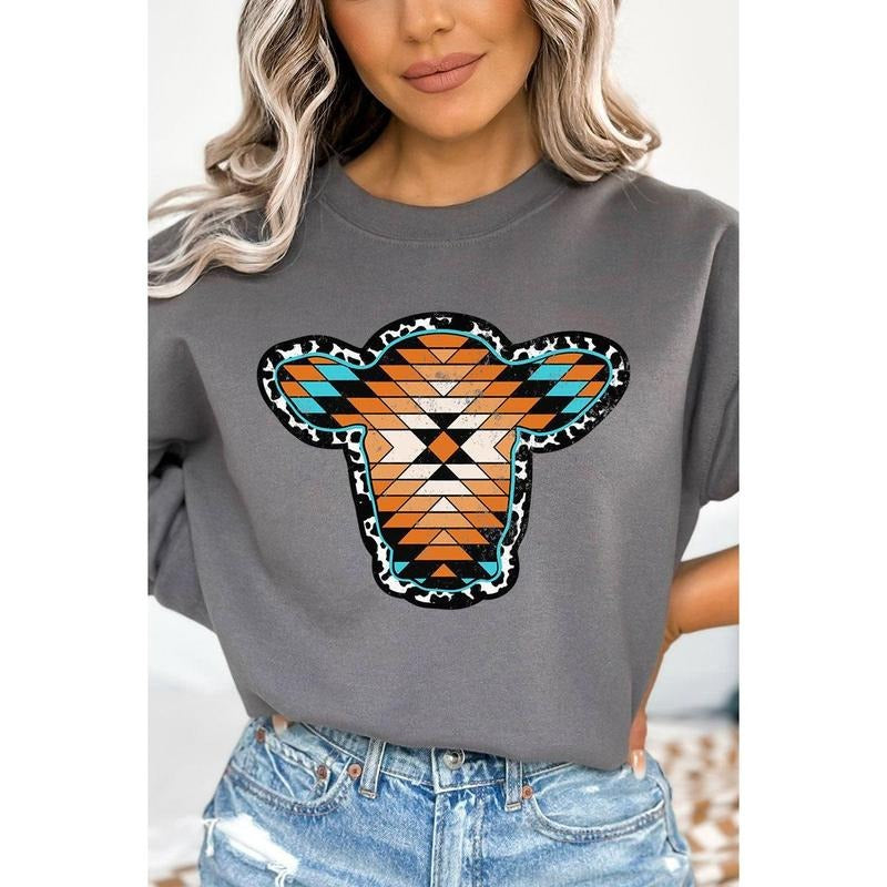 Aztec Cow Portrait Heavy-weight Crew Sweatshirt Shirt Hoodie | PrintMintTees.com