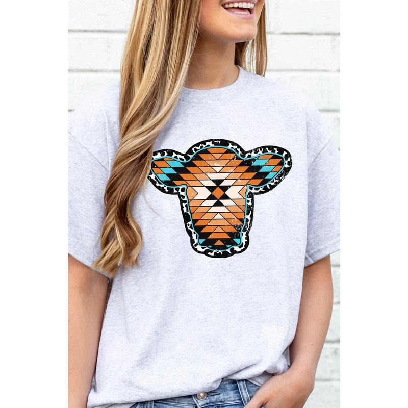 Aztec Cow Portrait Short Sleeve Relaxed Fit T-Shirt Hoodie Sweatshirt | PrintMintTees.com