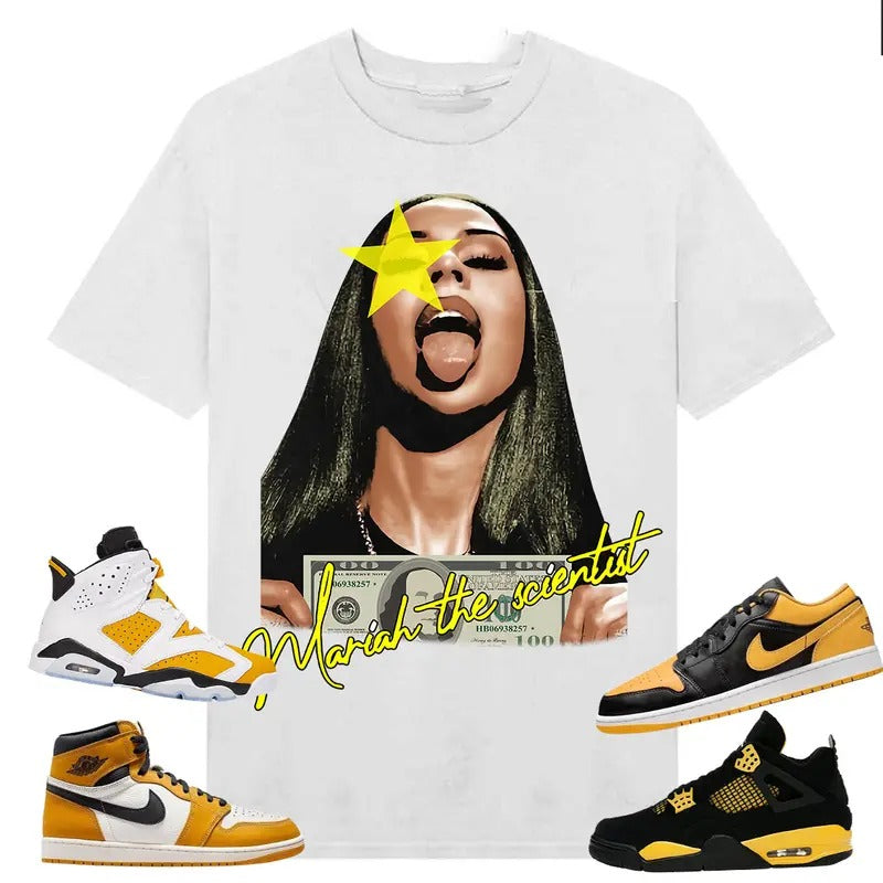 BIG FACE Mariahh The Scientist Yellow Star, Shirt to match A J 6s Yellow Ochre, A J 1 Yellow Ochre, A J 4 Thunder, Shirt...