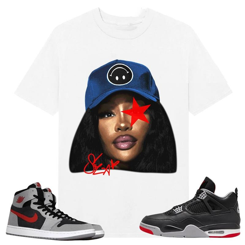 BIG FACE SZA Star, Shirt to match A J 1 High Zoom CMFT 2 Fire Red Cement Grey, A J 4 Bred, Shirt to matching Sneaker...