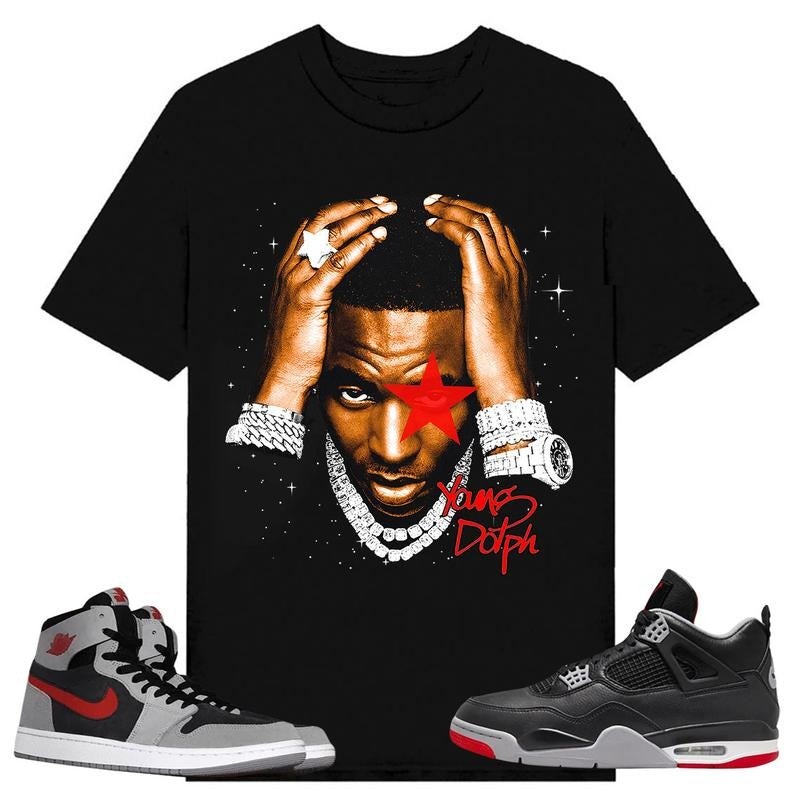 BIG FACE YOUNG DOLPH, Shirt to match A J 1 High Zoom CMFT 2 Fire Red Cement Grey, A J 4 Bred, Shirt to matching Sneaker...