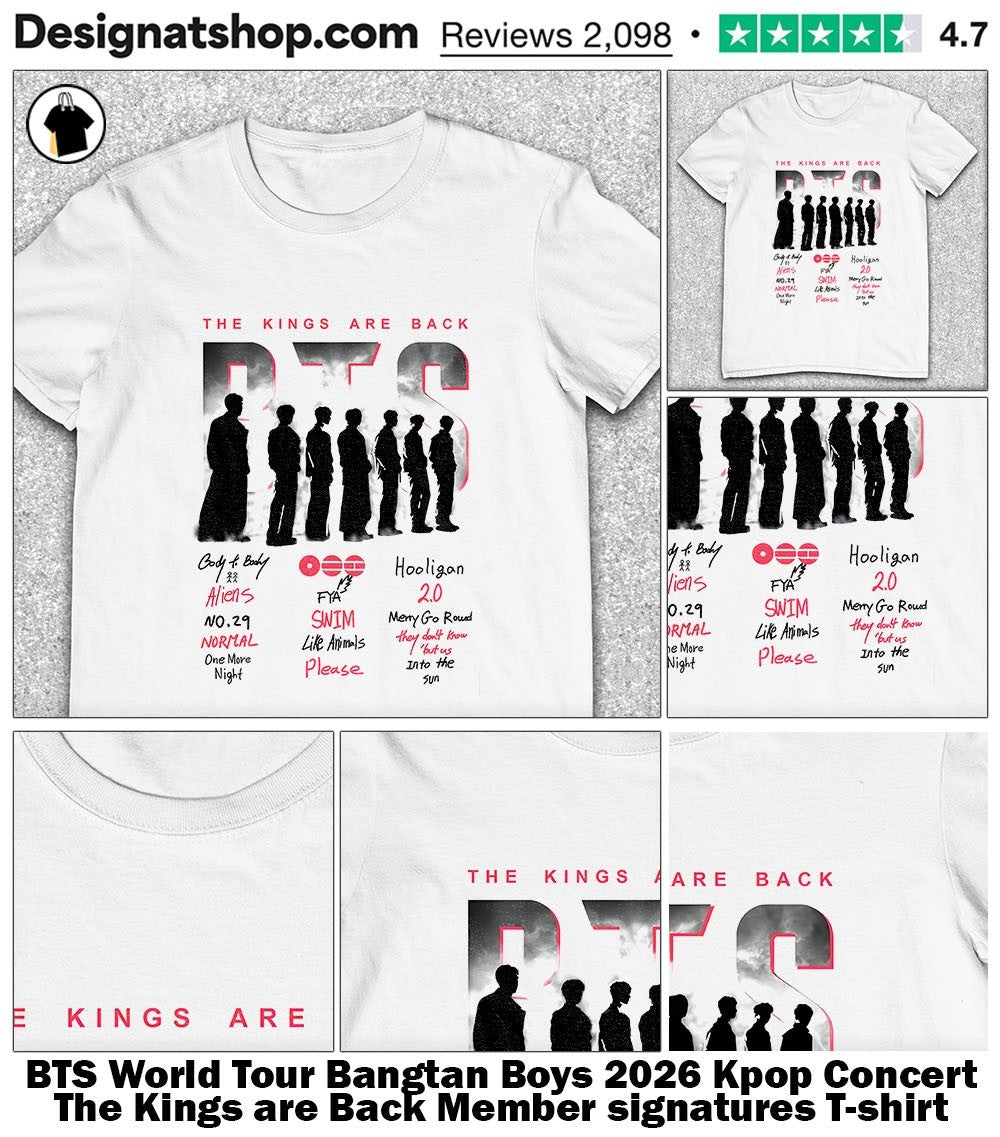BTS World Tour Bangtan Boys 2026 Kpop Concert The Kings are Back Member signatures shirt