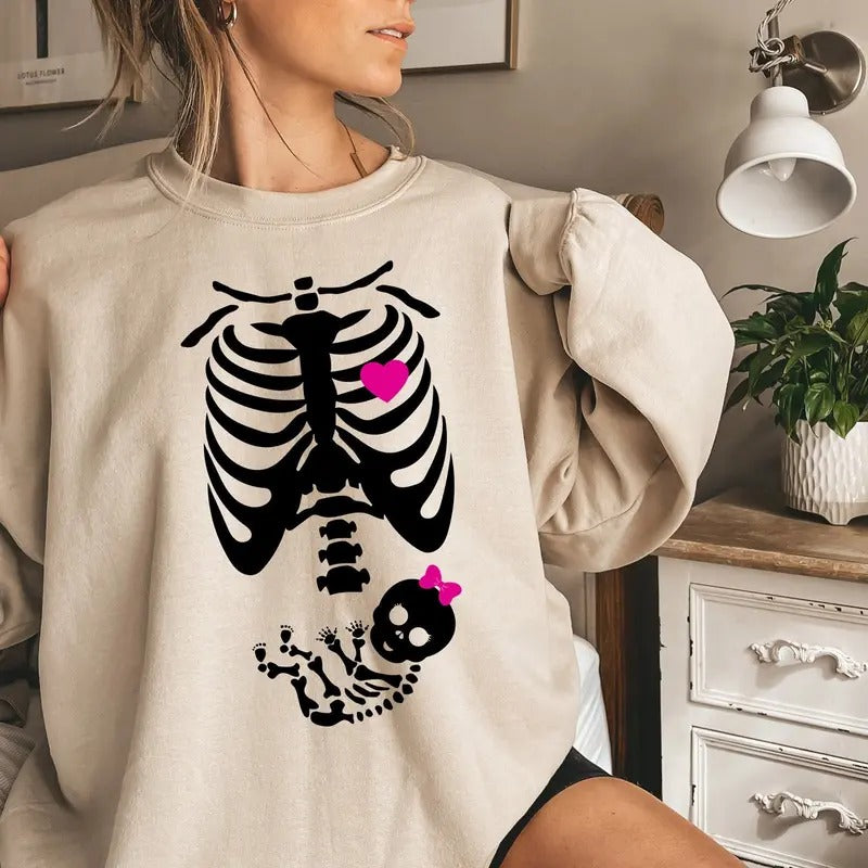 Baby Girl X-Ray Skeleton Sweatshirt, Halloween Skeleton Pregnancy Announcement Sweatshirt, Pregnant Skeleton Sweatshirt,...