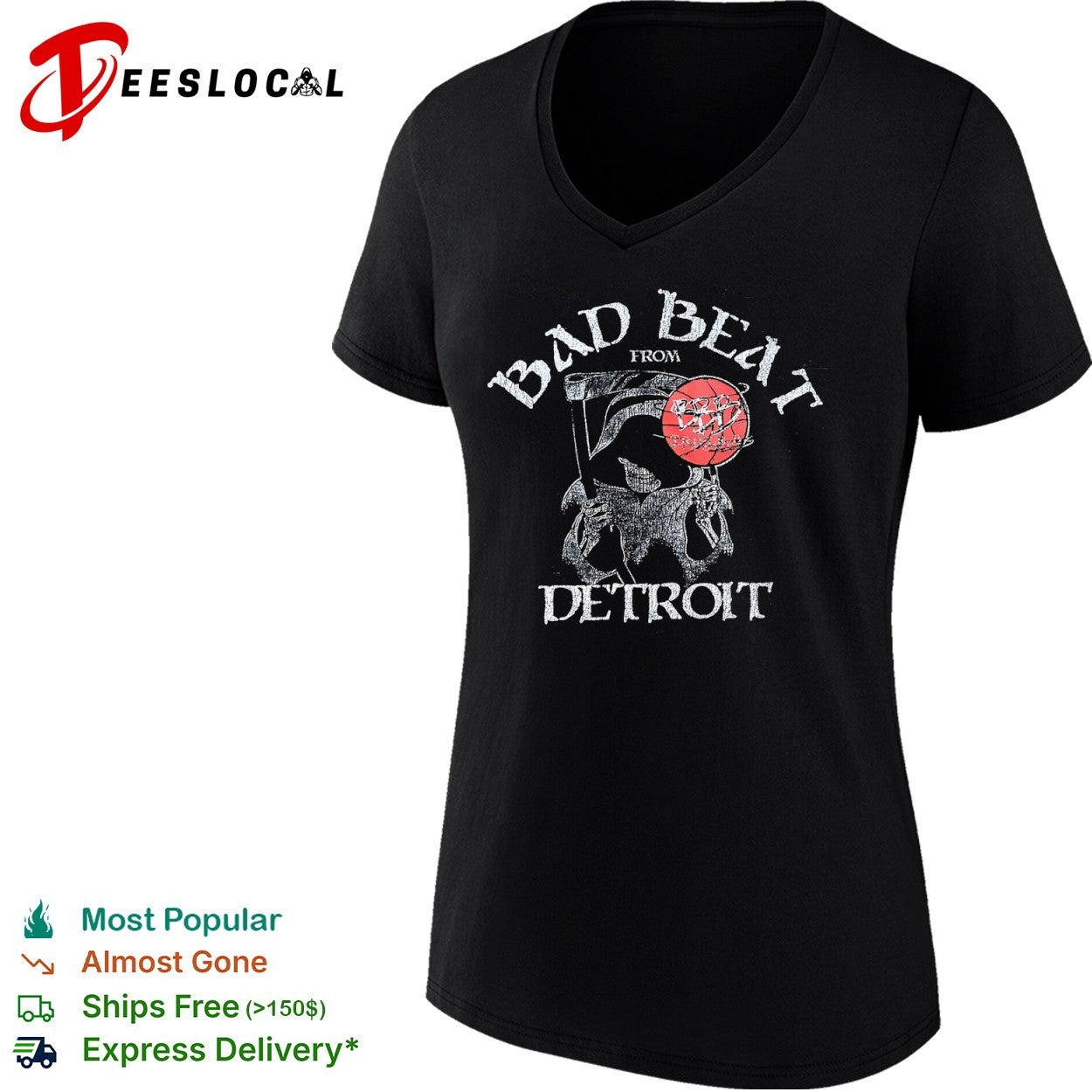 Bad Beat from Detroit grim reaper basketball typography graphic shirt