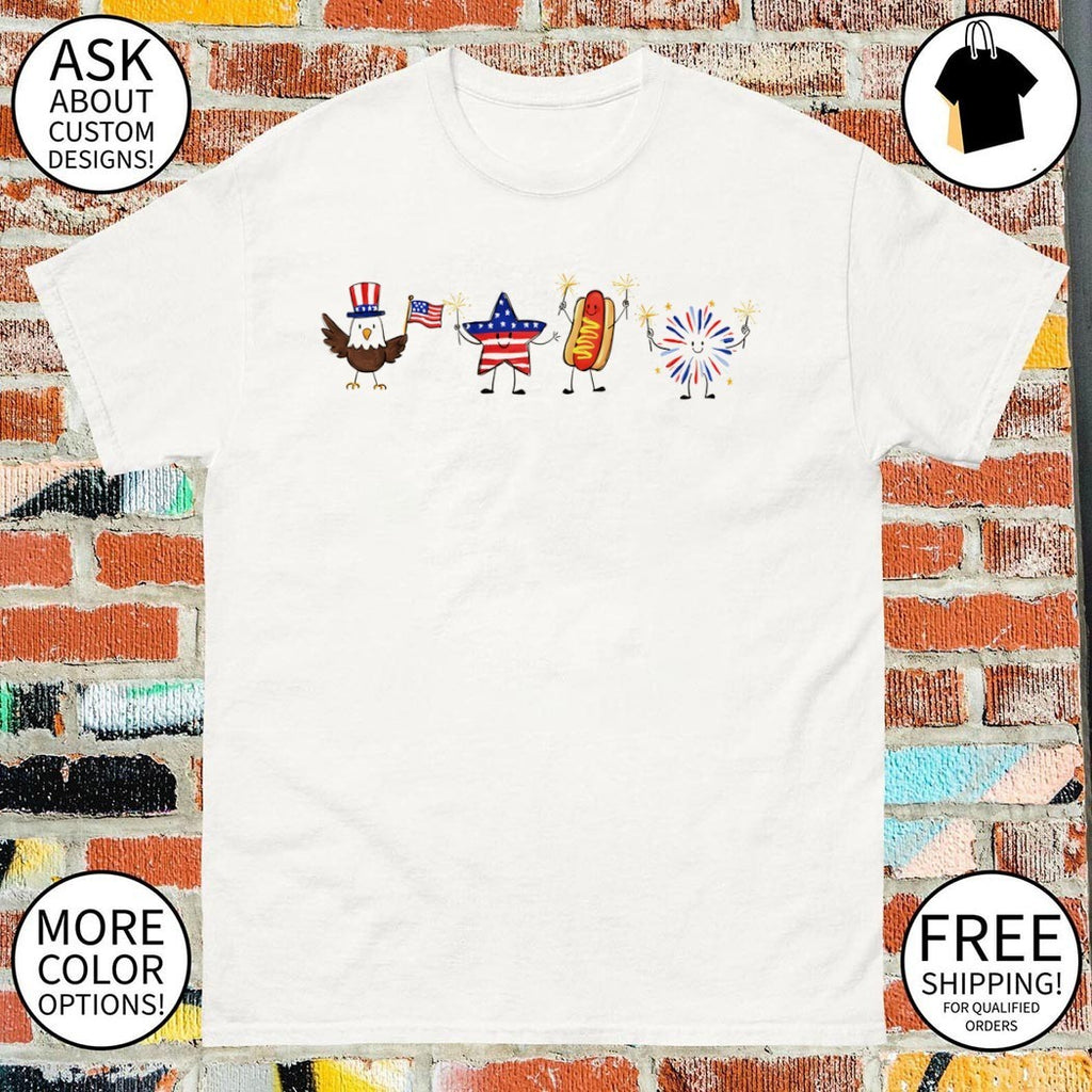 Bald eagle star hot dog and firework celebrate the American holiday cartoon 4th of July shirt