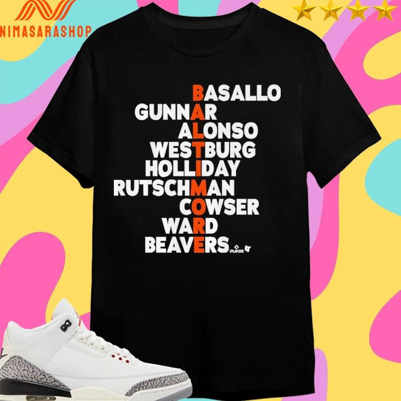 Baltimore Baseball Names 2026 Basallo Gunnar Alonso Westburg Holliday Rutschman Cowser Ward Beavers Shirts