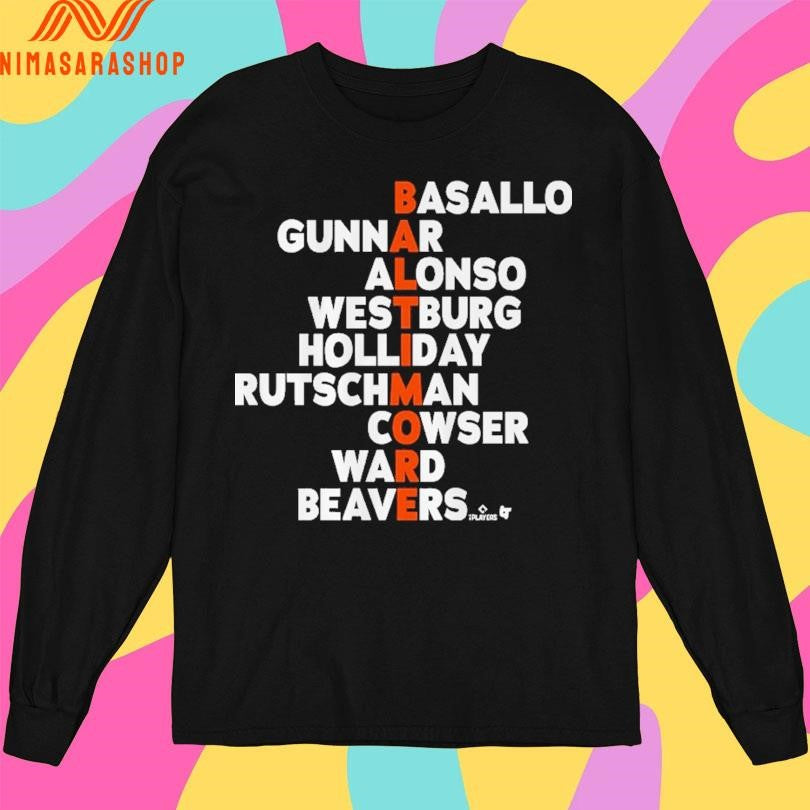 Baltimore Baseball Names 2026 Basallo Gunnar Alonso Westburg Holliday Rutschman Cowser Ward Beavers Shirts