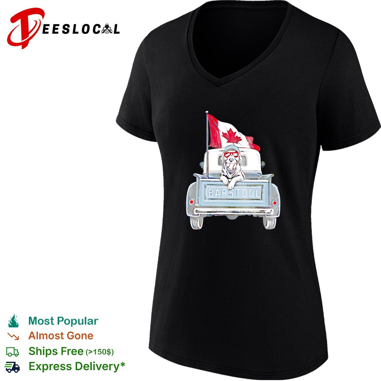 Barstool dog pickup truck Canada flag shirt