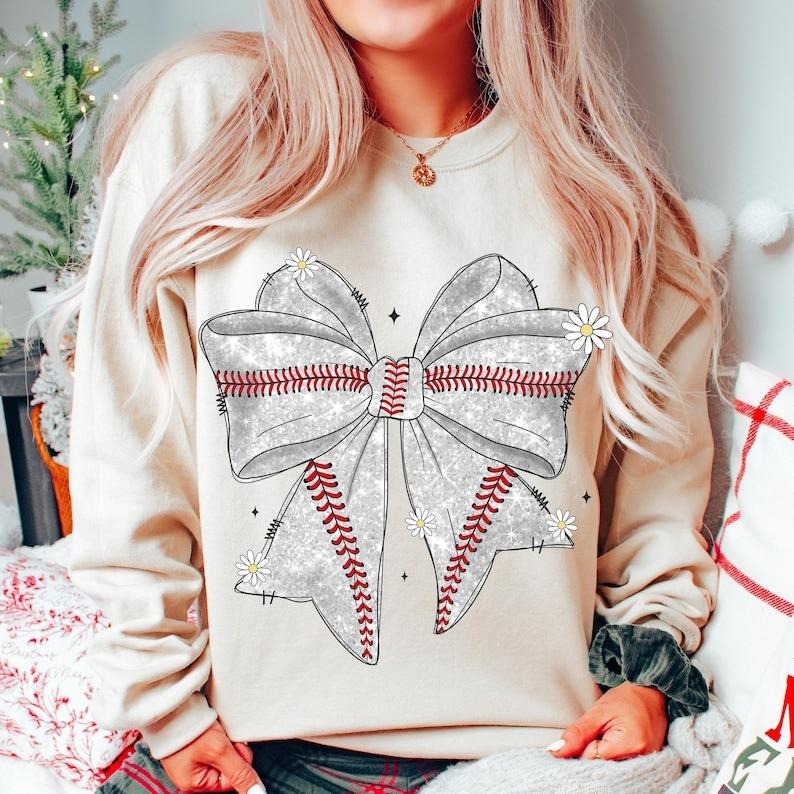 Baseball Bow  Coquette , Game Day Baseball Mama , Baseball Mom Sweatshirt Cotton Shirt Hoodie | PrintMintTees.com