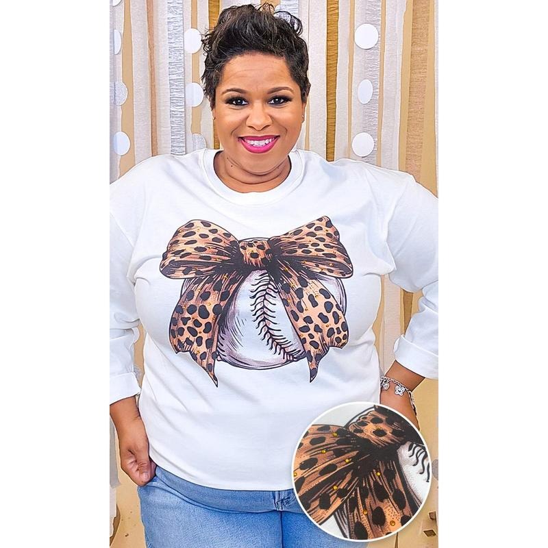 Baseball Cheetah Bow Rhinestone Graphic Long Sleeve Shirt Hoodie Sweatshirt | PrintMintTees.com