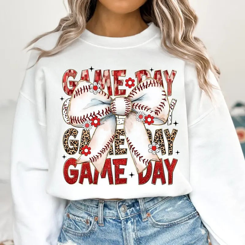 Baseball Coquette Game Day Baseball Retro Baseball Bow Tis the Season Sweatshirt Shirt Hoodie | PrintMintTees.com