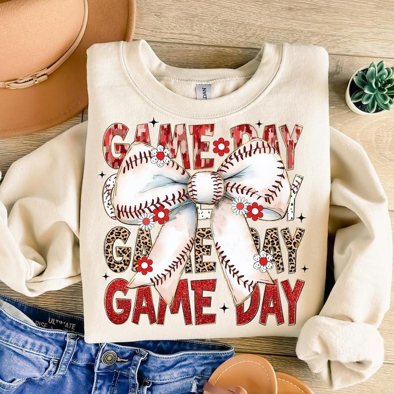 Baseball Coquette Game Day , Retro Baseball Bow , Baseball Mama  , Tis the Season Sweatshirt Shirt Hoodie | PrintMintTees.com