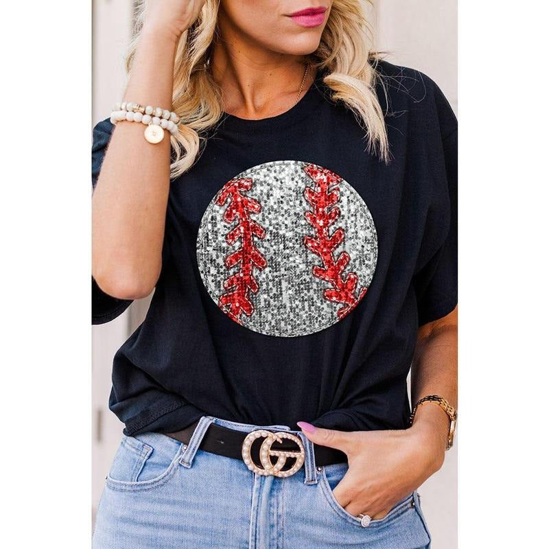 Baseball Faux Sequin Transfer Short Sleeve Relaxed Fit T-Shirt Hoodie Sweatshirt | PrintMintTees.com