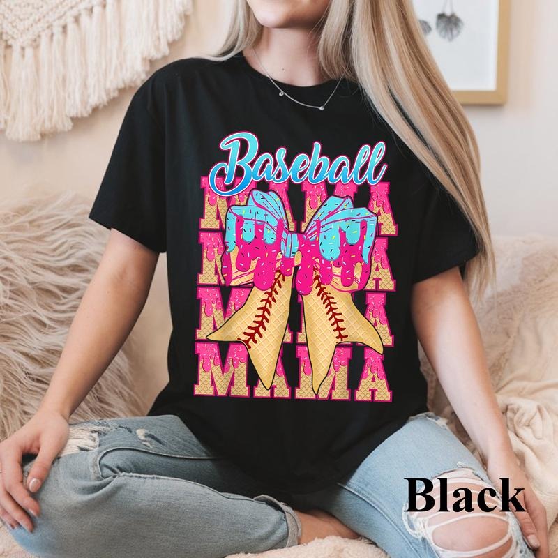 Baseball Mama Coquette Bow Ice Cream Drip With Sprinkles T-Shirt, Baseball Mama Sweatshirt, Game Day Baseball Hoodie,...