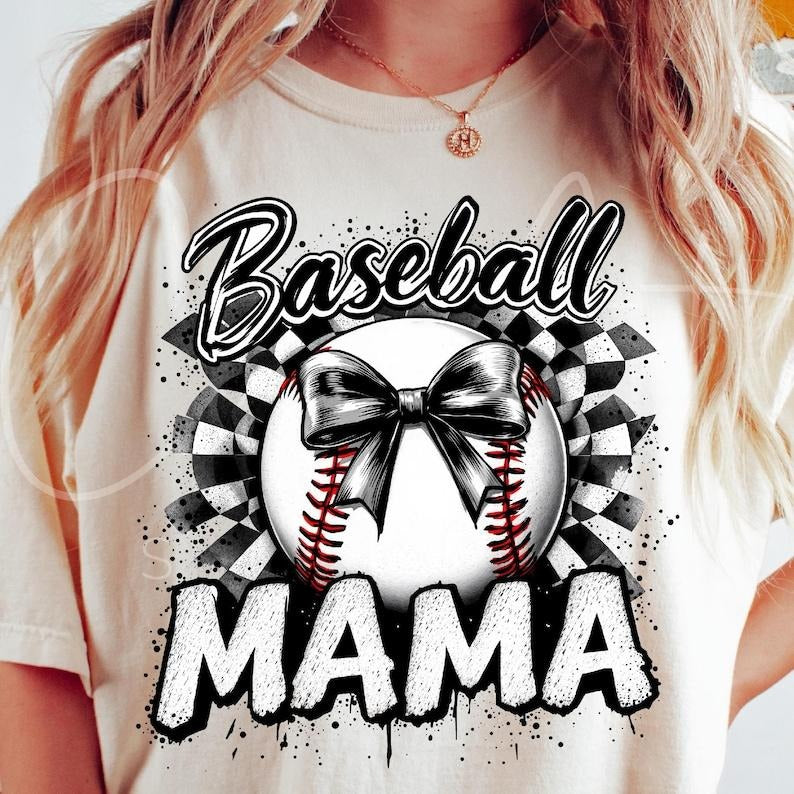 Baseball Mama Tshirt, Baseball Mom Checkered Tee, Retro Baseball with Coquette Bow T-Shirt Hoodie Sweatshirt