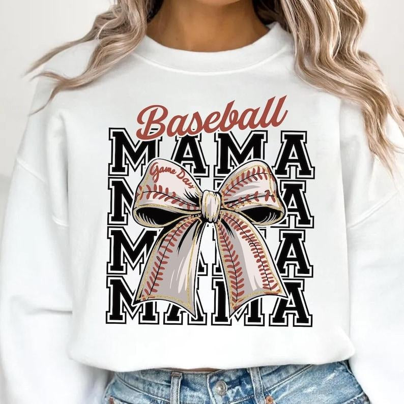 Baseball Mama , Baseball Coquette Bow , Baseball Mom , Retro Baseball , Game Day , Coquette Bow Sports Sweatshirt Shirt...