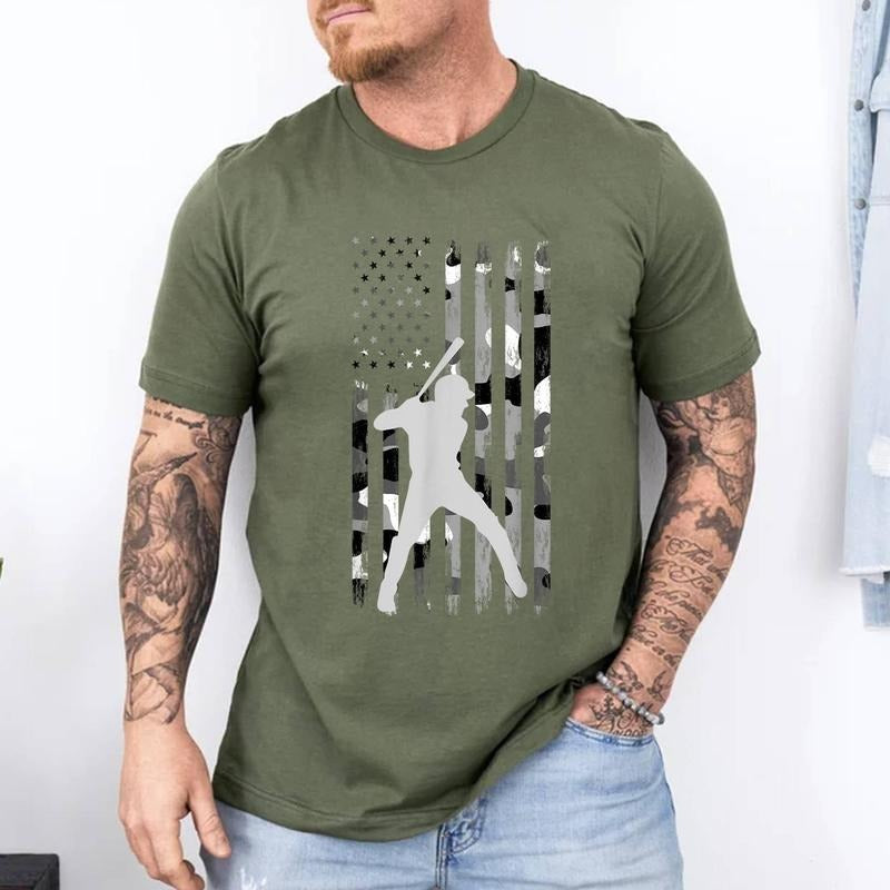Baseball Player American Flag USA Camo Patriotic Graphic T-Shirt | 100% Cotton Tee, Top Menswear Hoodie Sweatshirt