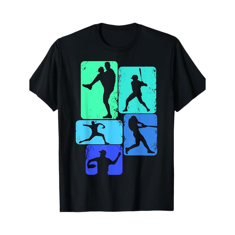 Baseball Silhouette Print T-Shirt for Men - Casual Crew Neck, Short Sleeve, 100% Cotton Knit Fabric, All-Season Comfort,...