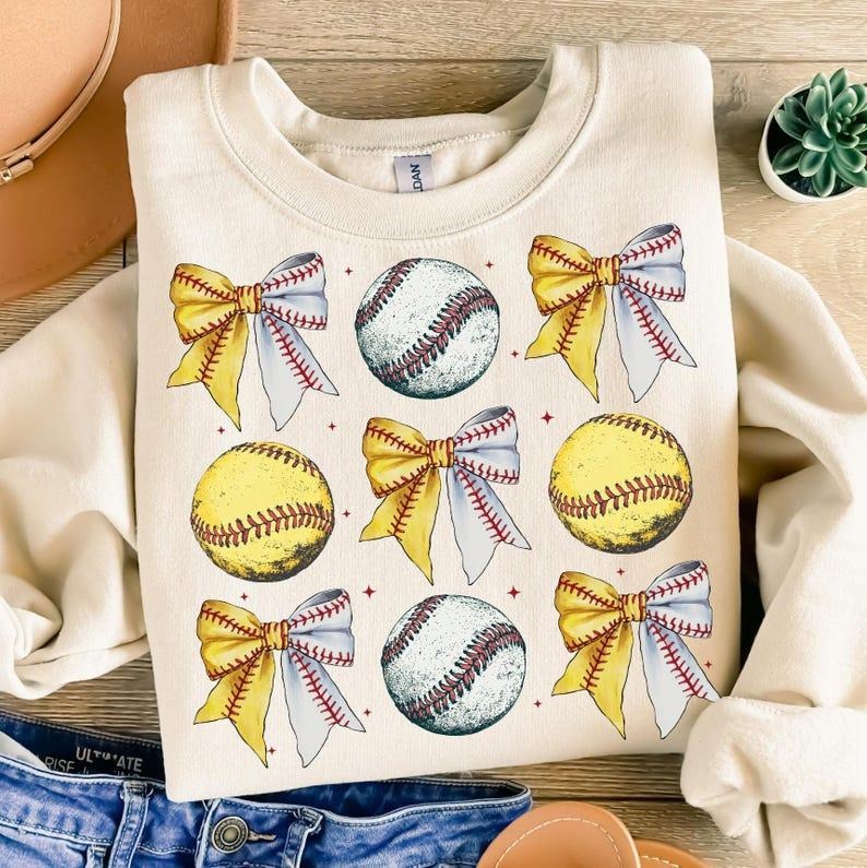 Baseball Softball Bow Sweatshirt Retro Sports Coquette Baseball Softball Mama Game Day Shirt Hoodie | PrintMintTees.com