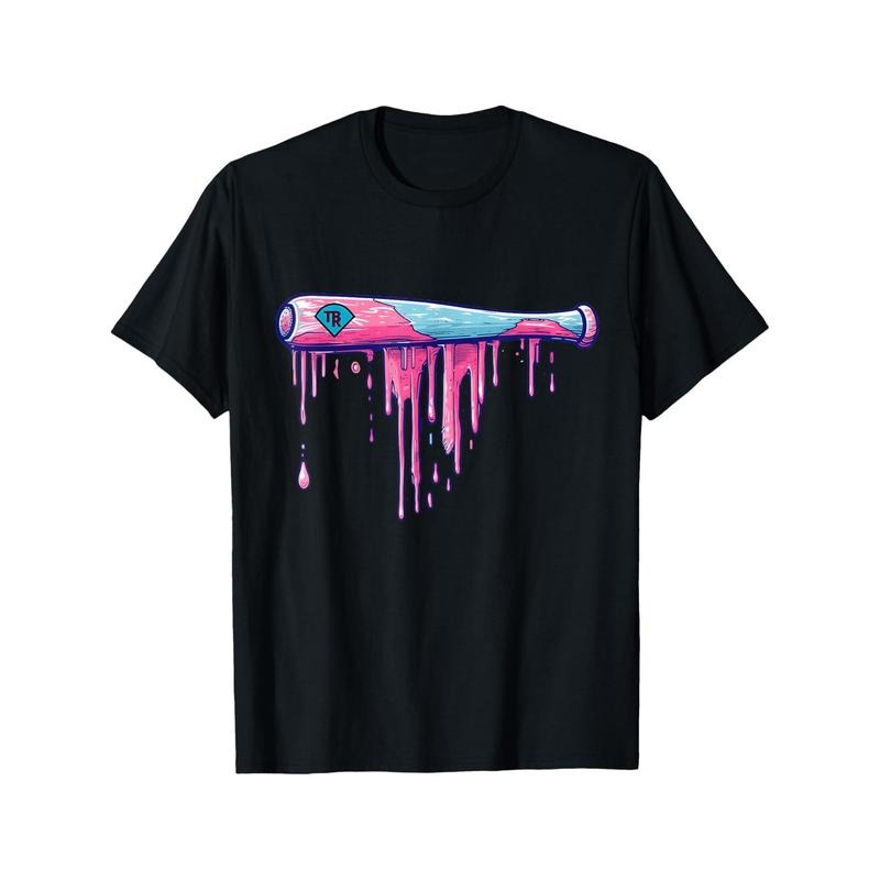 Baseball bat with dripping boy T-shirt personality print pattern, casual round neck short sleeve, comfortable cotton...