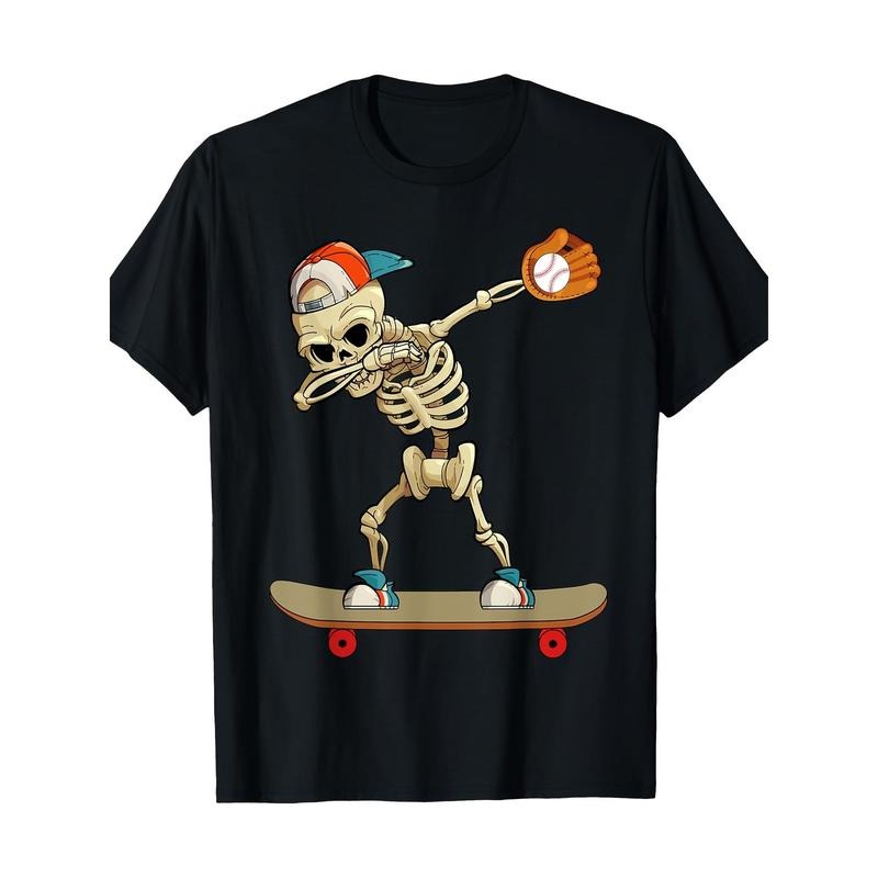 Baseball skateboard Skeleton Funny T-shirt 100% cotton T-shirt Made in USA Hoodie Sweatshirt | PrintMintTees.com
