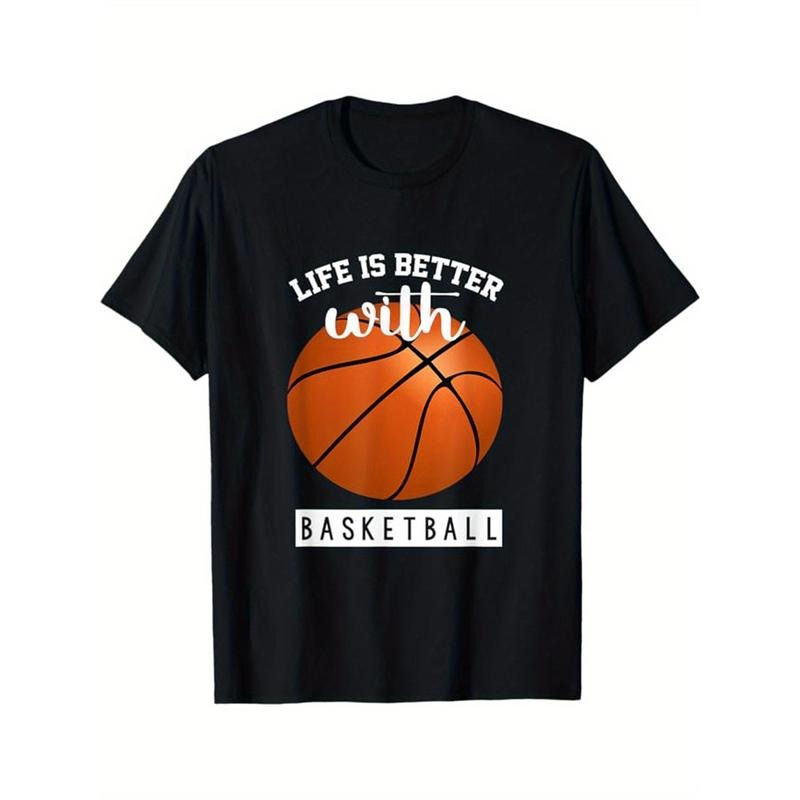 Basketball Printed, Men's Cotton T-shirt, Casual Short Sleeve Round Neck Tee, Soft Comfortable Basketball Players Top,...